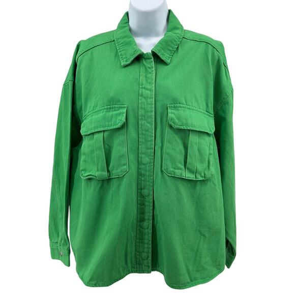 If It Were Me Denim Shacket WMNS L Apple Green Cotton Utility Pockets Button Up - Picture 1 of 8
